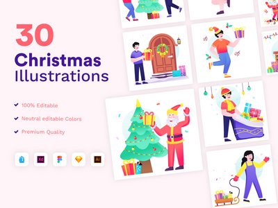圣诞插图 – 平面矢量(Christmas Illustrations – Flat Vectors)