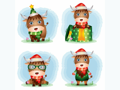 水牛圣诞人物系列，包括帽子、夹克、围巾和礼盒(buffalo christmas characters collection with a hat, jacket, scarf and gift box)
