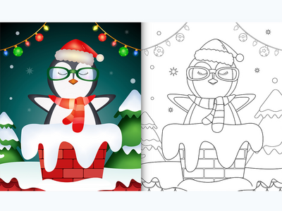 为在烟囱里有一只可爱企鹅的孩子着色(coloring for kids with a cute penguin in chimney)