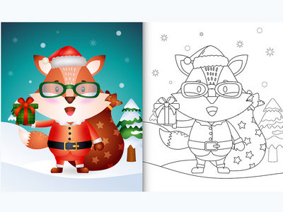使用圣诞老人服装的可爱狐狸着色书(coloring book with a cute fox using santa clause costume)