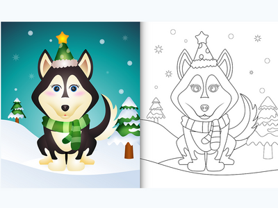 涂色书，上面有一只可爱的哈士奇狗圣诞人物，戴着帽子和围巾(coloring book with a cute husky dog christmas characters with a hat and scarf)