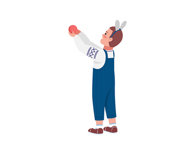 男孩拿着圣诞装饰半平面彩色矢量字符(Boy holds Christmas decoration semi flat color vector character)