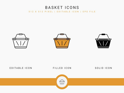 篮子图标设置矢量图和实线图标线条样式(Basket icons set vector illustration with solid icon line style)