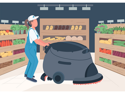 杂货店清洁工平面彩色矢量图解(Cleaner in grocery store flat color vector illustration)