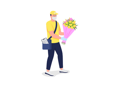 戴着医用口罩平面彩色矢量鲜花的白人送货员(Caucasian delivery man with flowers in medical mask flat color vector)