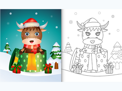 带有可爱水牛圣诞人物的图画书(coloring book with a cute buffalo christmas characters)