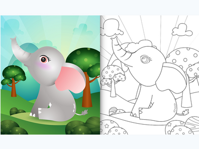 带有可爱大象角色插图的儿童着色书(coloring book for kids with a cute elephant character illustration)