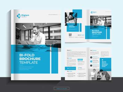 以 A4 格式清洁企业双折业务宣传册设计模板。(Clean corporate bi fold business brochure design template in A4 format.)