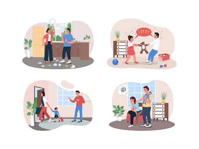 争论家庭 2D 矢量网页横幅、海报集(Arguing family 2D vector web banner, poster set)