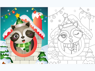 用帽子和围巾为可爱的浣熊圣诞人物着色书(coloring book with a cute raccoon christmas characters using hat and scarf)