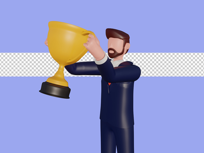 3d 男性角色举起获奖奖杯。 Psd 溢价(3d male character lifting the winning trophy. Psd Premium)