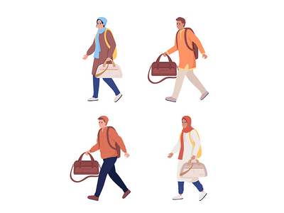逃跑的成年难民半平面彩色矢量字符集(Adult refugees running away semi flat color vector character set)