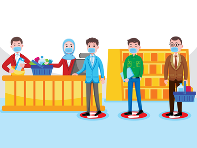 超市矢量插图中的收银员社交距离(Cashier Social Distancing at Supermarket Vector Illustration)