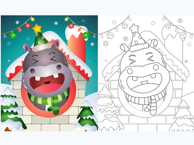 带有可爱河马圣诞人物的图画书(coloring book with a cute hippo christmas characters)
