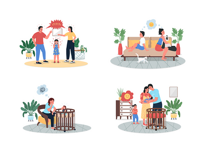 争论父母和孩子平面颜色矢量详细字符集(Arguing parents and children flat color vector detailed character set)