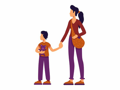 寻求庇护的母亲和小儿子半平面彩色矢量字符(Asylum seeking mother and little son semi flat color vector characters)