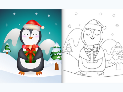 带有可爱企鹅圣诞人物的图画书(coloring book with a cute penguin christmas characters)