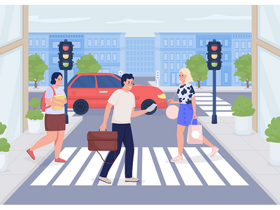 繁忙的小镇平面彩色矢量图(Busy town flat color vector illustration)