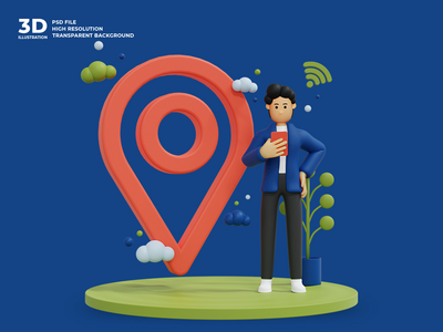 寻找位置的 3d 男性角色插图(3d male character illustration looking for location)