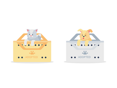 采用灰猫和金狗平面彩色矢量详细字符集(Adopted grey cat and golden dog flat color vector detailed character set)