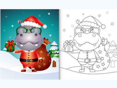 使用圣诞老人服装的可爱河马着色书(coloring book with a cute hippo using santa clause costume)