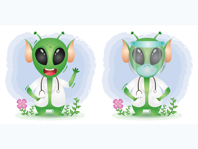 可爱的外星人与服装医生使用面罩和面具(cute alien with costume doctor using face shield and mask)