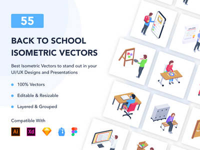 55 等距回到学校图标(55 Isometric Back to School Icons)