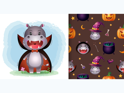 一只可爱的河马，带有德古拉服装万圣节人物无缝图案(a cute hippo with dracula costume halloween character seamless pattern)