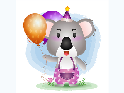 一只可爱的考拉，戴着生日帽，拿着气球(a cute koala using birthday hat and holds balloon)
