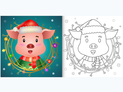 着色书与可爱的猪与树枝装饰圣诞节(coloring book with a cute pig with twigs decoration christmas)