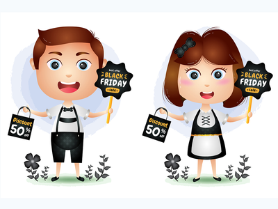 黑色星期五销售与可爱的情侣性格(Black friday sale with cute couple character)