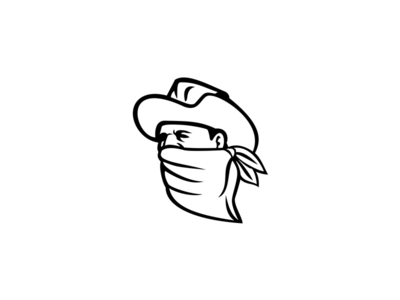 戴着面罩的牛仔强盗或亡命之徒看着侧面的吉祥物黑白(Cowboy Bandit or Outlaw Wearing Face Mask Looking Side Mascot Black and White)