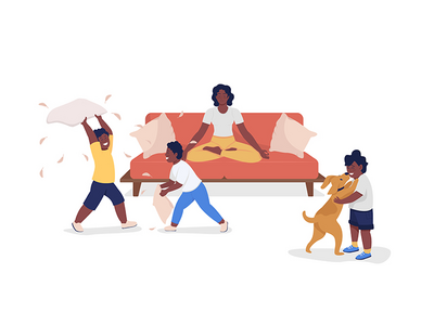 有孩子半平面彩色矢量字符的冷静妈妈(Calm mom with children semi flat color vector characters)