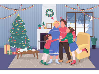 圣诞节与家庭平面彩色矢量图(Christmas with family flat color vector illustration)