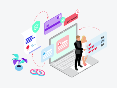 通过数字钱包等轴测图购买爱情保险(Buy Love Insurance by Digital Wallet Isometric Illustration)