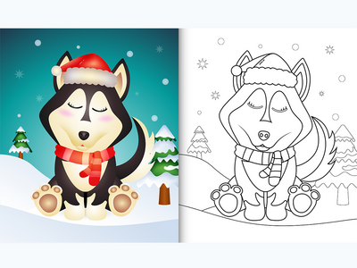 带有可爱的哈士奇狗圣诞人物的着色书(coloring book with a cute husky dog christmas characters)