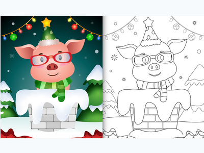 用圣诞帽和围巾在烟囱里为可爱猪的孩子着色书(coloring book for kids with a cute pig using santa hat and scarf in chimney)