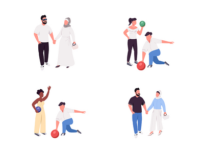 情侣活动平面颜色矢量不露面字符集(Couple activities flat color vector faceless character set)