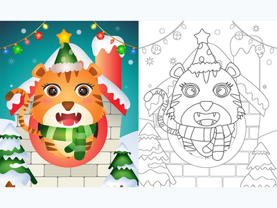 带有可爱的老虎圣诞角色的着色书(coloring book with a cute tiger christmas characters)