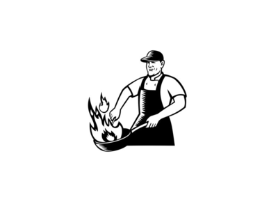 厨师烹饪火焰锅黑色和白色(Chef Cooking Flaming Pan Black and White)