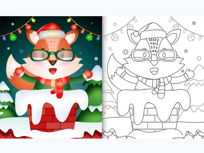 用圣诞帽和围巾在烟囱里为可爱的狐狸着色(coloring for kids with a cute fox using santa hat and scarf in chimney)