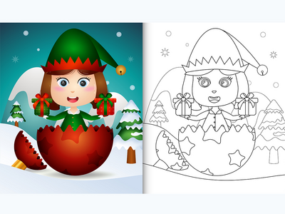 在圣诞舞会上为可爱的精灵女孩着色(coloring for kids with a cute elf girl in christmas ball)