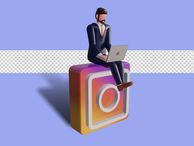 3d 男性角色正在笔记本电脑上打字并坐在 instagram 标志上。 Psd 溢价(3d male character is typing on laptop and sitting on instagram logo. Psd Premium)