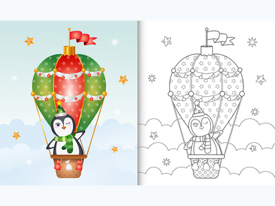 用热气球上可爱的企鹅圣诞人物着色书(coloring book with a cute penguin christmas characters on hot air balloon)
