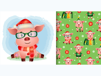 一个可爱的猪圣诞人物。无缝图案和插图设计(a cute pig christmas characters. seamless pattern and illustration designs)