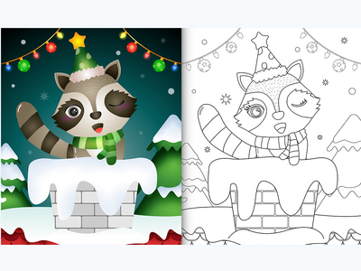 用帽子和围巾在烟囱里为可爱的浣熊孩子着色书(coloring book for kids with a cute raccoon using hat and scarf in chimney)