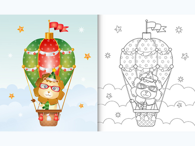 用热气球上可爱的狮子圣诞人物着色书(coloring book with a cute lion christmas characters on hot air balloon)