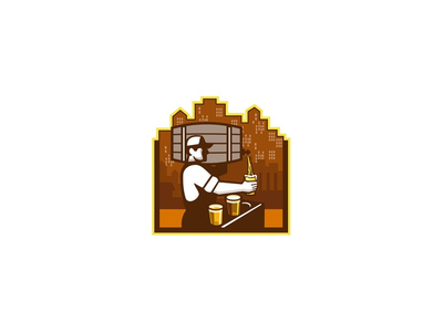 酒保倒啤酒桶城市景观复古(Bartender Pouring Beer Keg Cityscape Retro)