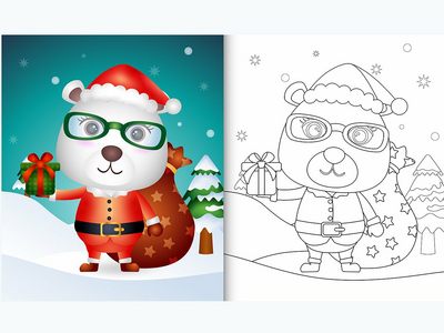 着色书与可爱的北极熊穿着圣诞老人服装(coloring book with a cute polar bear using santa clause costume)