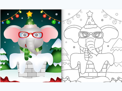 用帽子和围巾在烟囱里为可爱大象的孩子涂色书(coloring book for kids with a cute elephant using hat and scarf in chimney)